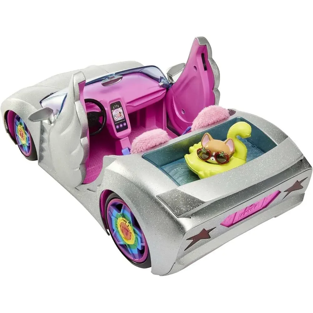 Barbie Car, Barbie Extra Set, Sparkly Silver 2-Seater Toy Convertible with Puppy